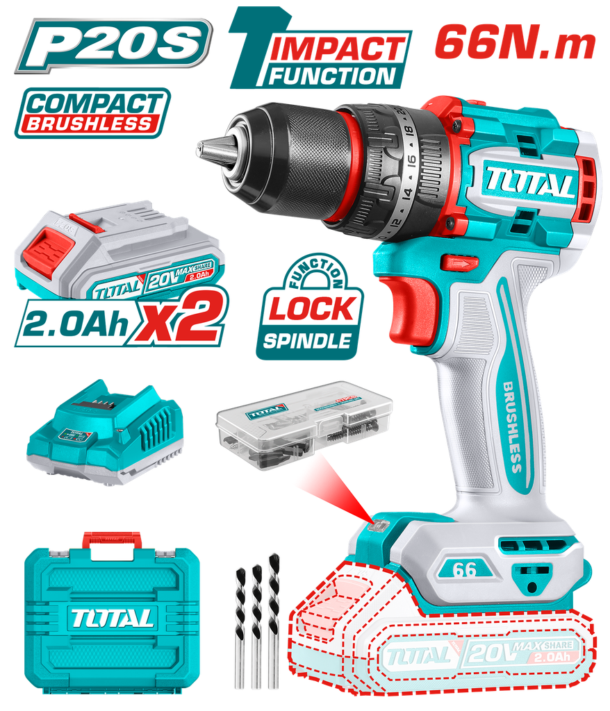 Total TIDLI20668 درل شحن 20 فولت 66 نيوتن مع 2 بطارية 2 أمبير جوزة حديد 13 ملم