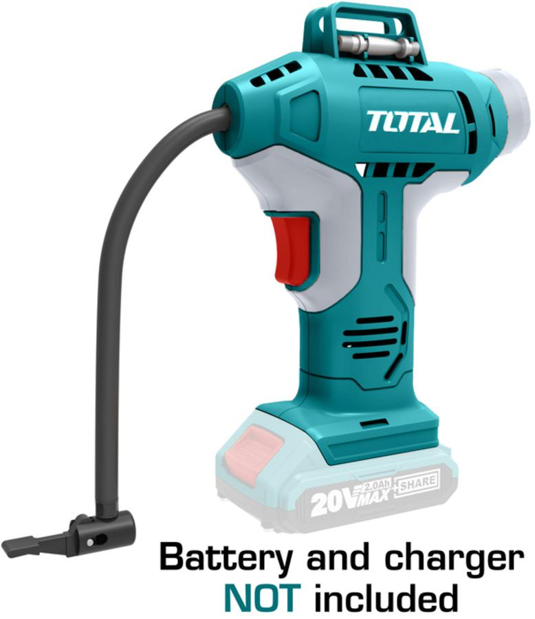 TOTAL TACLI2001 Lithium-Ion auto air compressor 20V 150PSI/10BAR
 منفاخ هواء شحن 20 فولت مع ساعه واضائه بدون بطارية