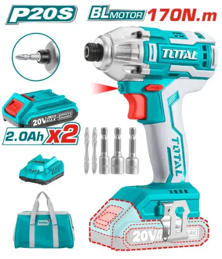 TOTAL TIRLI2002 Lithium-Ion impact driver Brushless 20V
  درل شد براغي شحن مع 2 بطارية وشاحن 