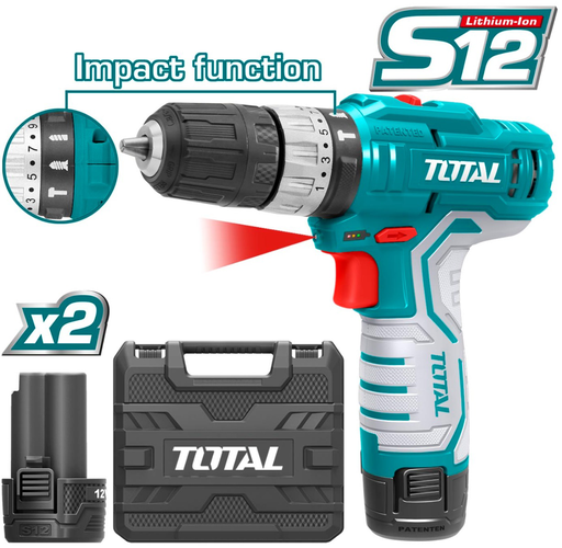 TOTAL TIDLI1232 Lithium-Ion impact drill 12V
 درل شحن مع شاكوش 2 بطارية 10 ملم مع شنطة بلاستيك