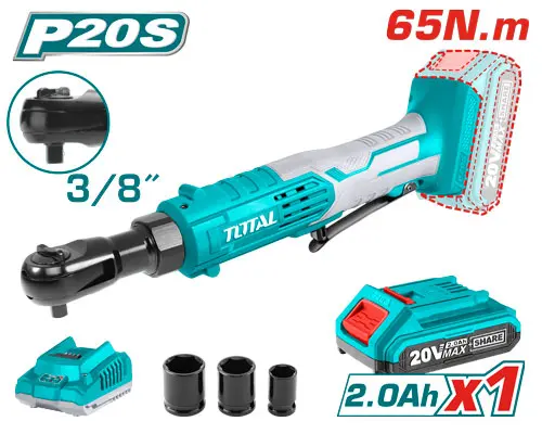 Total TDRLI206015 Lithium-ion drive ratchet
 طرطيقة شحن 20 فولت مع بطارية  وشاحن
Square drive:3/8"- Max torque:65NM